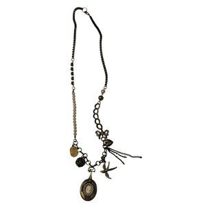 Boho Necklace Mixed Metal Cameo Locket Pearl Bird Charm Silver Brass Tone 15in